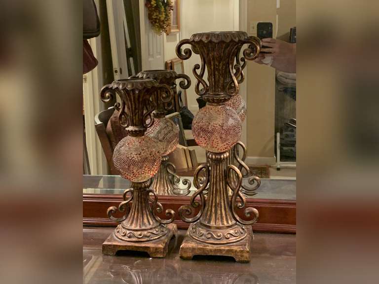 PAIR HEAVY RESIN DECORATIVE PILLAR CANDLE HOLDERS 15 1/2" TALL, 19 1/2" TALL - UP MASTER BED image
