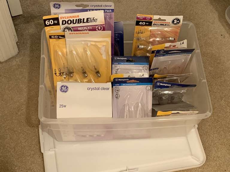 CRATE FULL OF MISC CHANDELIER BULBS - SMALL & LARGE BASE 25W, 40W, 60 W - CRATE & LID INCLUDED - UP HALLWAY image