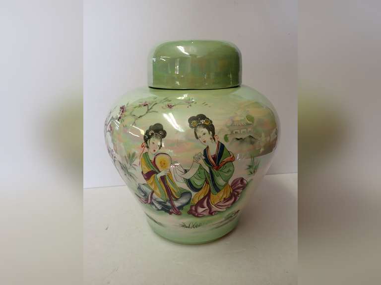 Asian Inspired Decorative Covered Jar with Hand Painted Scene image