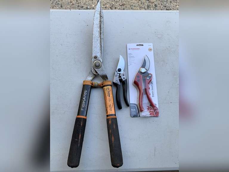 FISKARS 23" HEDGE SHEARS, NEW CORONA BRANCH PRUNERS & ANOTHER PAIR OF PRUNERS - GARAGE image