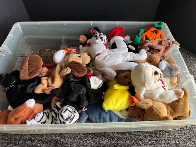 Storage tub of assorted beanie babies, and more. See pictures or details. image
