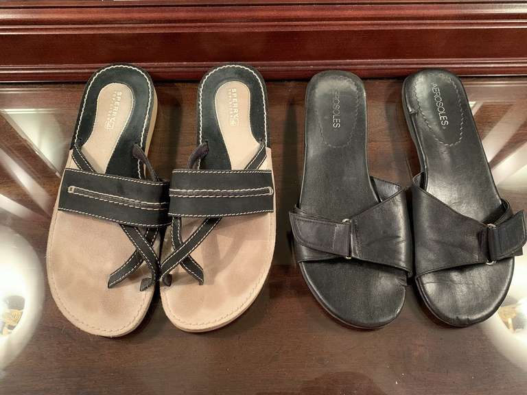 AEROSOLES BLACK SANDALS SIZE 8 1/2 (GENTLY WORN) & SPERRY SANDALS SIZE 8M (GENTLY WORN) - UP MASTER BED image