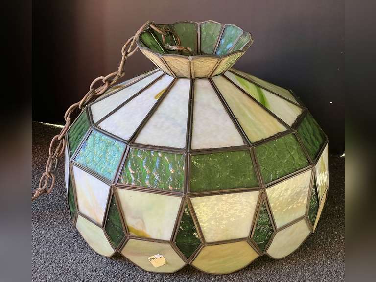 Vintage hanging swag light, has stained glass look, see pictures for details. image