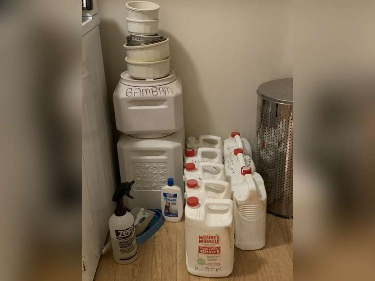 LOT TO INCLUDE 2 NICE HEAVY DUTY DOG FOOD CONTAINERS, DOG BOWS. 8 CONTAINERS OF STAIN/ODOR REMOVER FOR PETS & MORE - LAUNDRY image