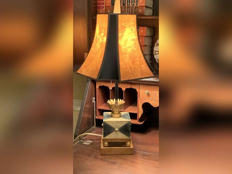 MID-CENTURY MODERN WOOD BASE LAMP WITH UNIQUE SHADE 25" TALL - DEN image