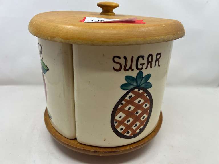 KIT… Vintage ceramic Lazy Susan canister set with wood lid and base, see pictures for details. image