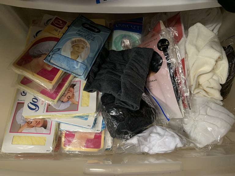 DRAWER FULL OF NEW SLUMBER CAPS, TERRY CLOTH HAIR WRAPS & MORE - UP MASTER CLOSET 2 image