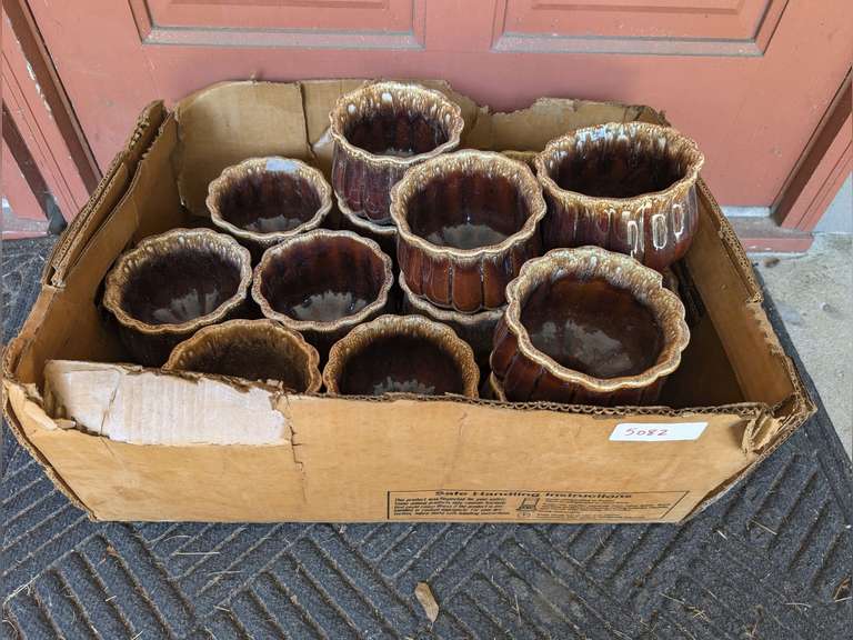 BOX FILLED WITH HULL BROWN DRIP GLAZE RIBBED PEDESTAL PLANTERS image