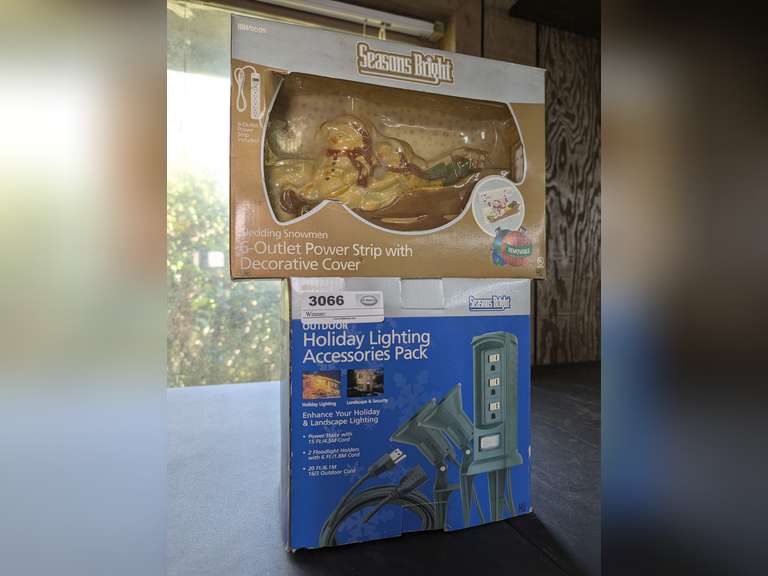 SLEDDING SNOWMEN 6 OUTLET POWER STRIP WITH DECORATIVE COVER AND WOODS BRAND OUTDOOR HOLIDAY LIGHTING ACCESSORIES PACK, BOTH IN ORIGINAL BOXES image