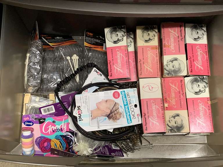 DRAWER FULL OF HAIR PRODUCTS TO INCLUDE BOX OF VINTAGE HAIR PINS, NEW HAIR BANDS, NEW ROLLERS & MORE (DRAWER INCLUDED) - UP MASTER CLOSET 2 image