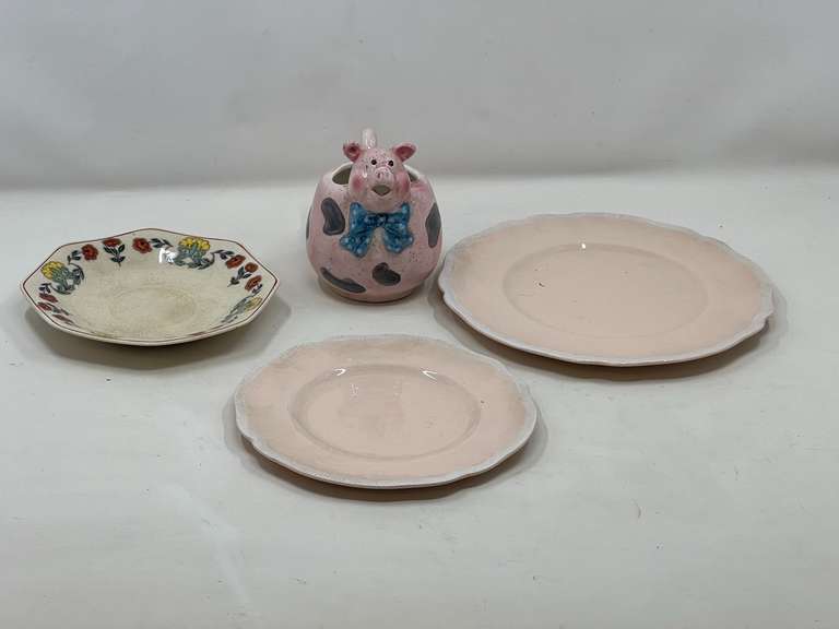 KIT… Ceramic pig cup creamer, Old Staffordshire, Johnson Brothers bread and salad plate, and more. See pictures for details. image