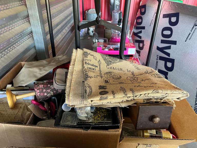 Assorted sewing accessories to include thread, serger thread, straight pins, decorative burlap, and much more. See pictures for details. image