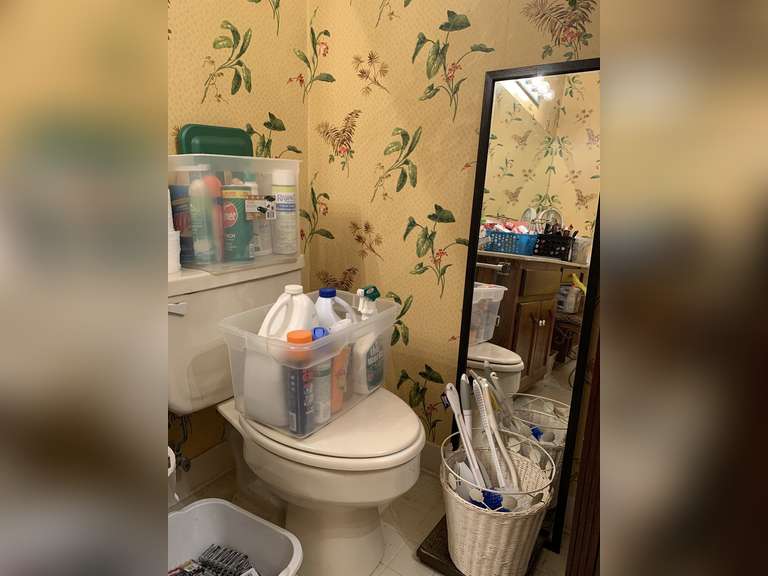 2 CRATES OF CLEANING PRODUCTS, MIRROR 13 1/2" WIDE X 49 1/2" TALL, BATH SCALE, TOILET BRUSHES & MORE (CRATES INCLUDED) - UP MASTER BATH image