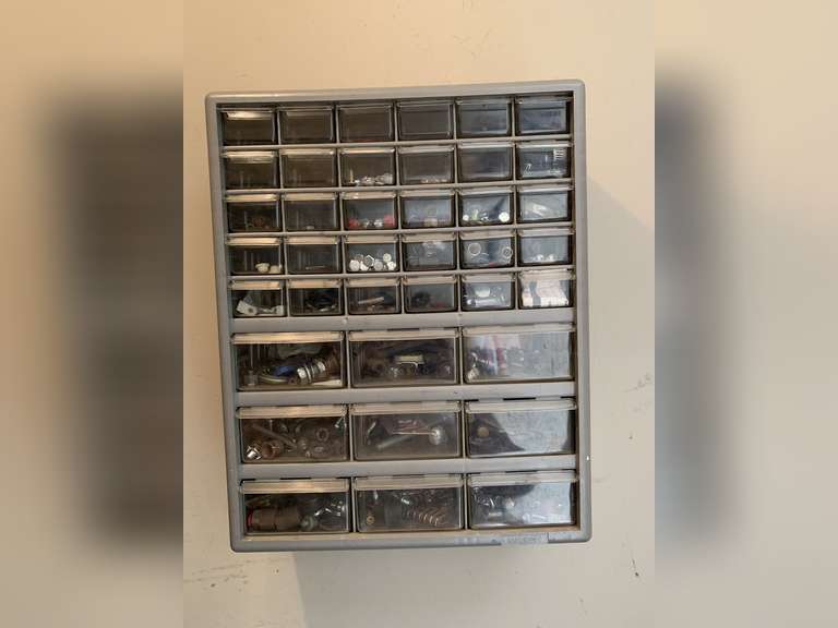 WALL STORAGE CONTAINER FULL OF MISC SCREWS, NUTS, BOLTS & MORE (BRING TOOLS TO TAKE OFF WALL) - GARAGE CLOSET image
