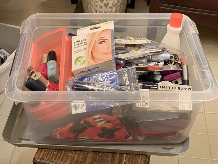 CRATE FULL OF MAKEUP (MOSTLY NEW) - CRATE W/ LID INCLUDED - UP MASTER BATH image
