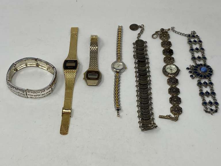 Four ladies fashion estate watches, and three fashion bracelets, see pictures for details. image