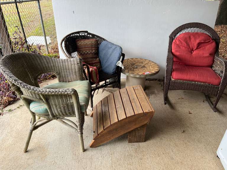 Vintage wicker chair and rocking chair, these pieces need work, also includes a unique mosaic tile table top resting on a stoneware crock, an outdoor wicker rocking chair ￼, and a rustic Adirondack ottoman, see pictures for details. image