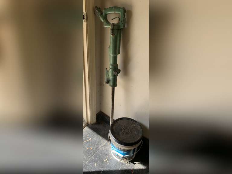 VINTAGE VERY LARGE & HEAVY AIR POWER ROCK HAMMER DRILL 40" TALL & BUCKET OF ALL CRETE - GARAGE CLOSET image