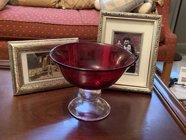 2 NICE SILVERTONE PICTURE FRAMES & HEAVY RED CLEAR FOOTED BOWL 8" ROUND X 6" TALL - UP BED 1 image
