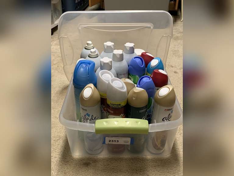 CRATE FULL OF LYSOL SPRAY & GLADE SPRAY (CONTAINER W/ LID INCLUDED) - UP MASTER CLOSET 2 image