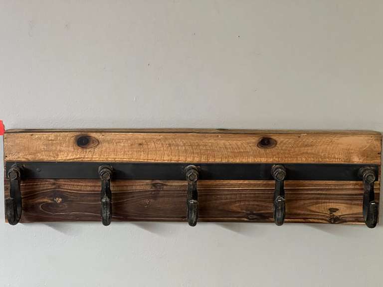 DEN… Rustic coat/hat rack made with iron hooks, see pictures for details. image