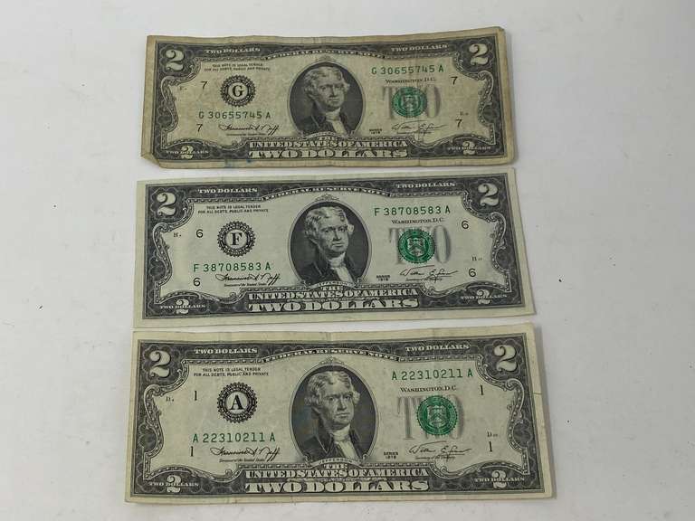 Two dollar bills, set of three, 1976 series, see pictures for details. image