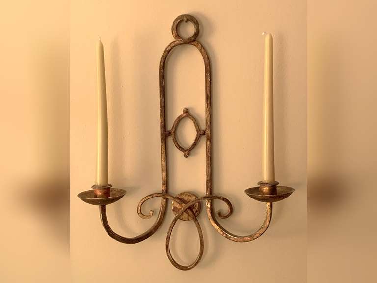ANTIQUE BRASS DOUBLE ARM CANDLE WALL SCONCE 17" LONG X 14" WIDE - LIVING ROOM image