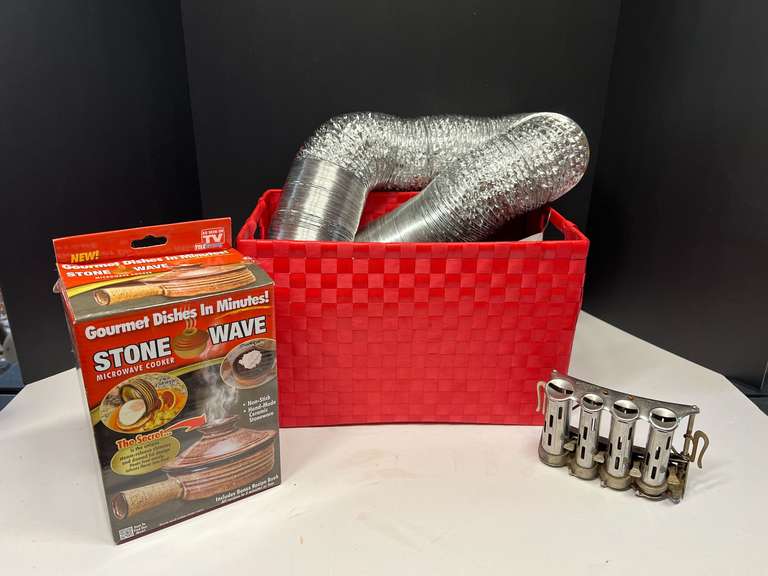 Assorted items to include a Stone Wave microwave cooker, comes in original box, vintage change dispensers, dryer vent, and more. See pictures for details. ￼ image