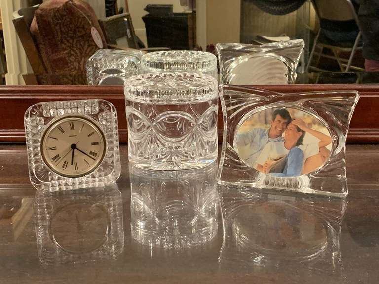 MIKASA AMBRIANCE CRYSTAL PICTURE FRAME 6" X 4 7/8", VINTAGE STAIGER QUARTZ CRYSTAL CLOCK/WEST GERMANY 4" SQUARE & VINTAGE LEAD CRYSTAL OVAL VANITY BOX 4 7/8" LONG X 4 1/2" TALL - UP MASTER BED image