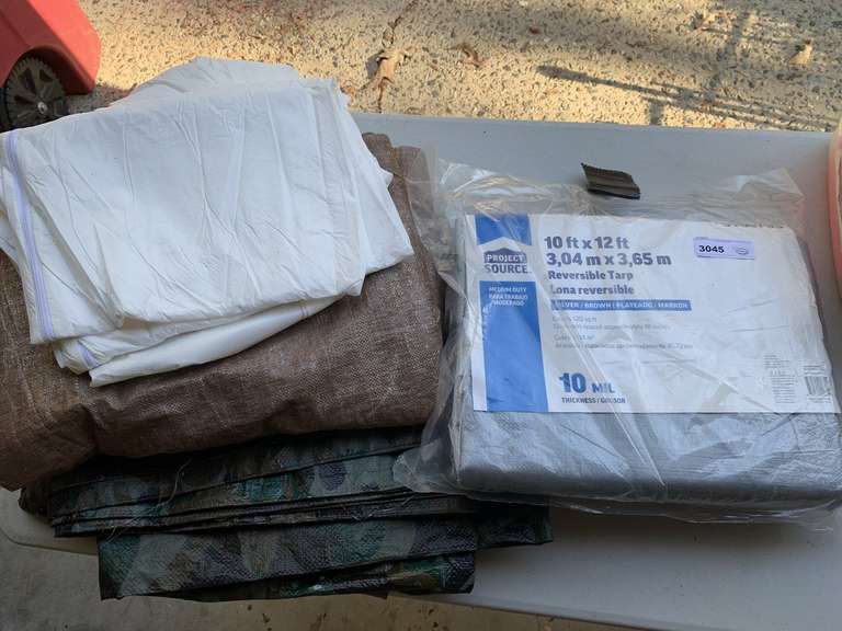 NEW 10'X12' REVERSIBLE TARP, 2 MORE TARPS & 2 DISPOSABLE COVERALLS - GARAGE image