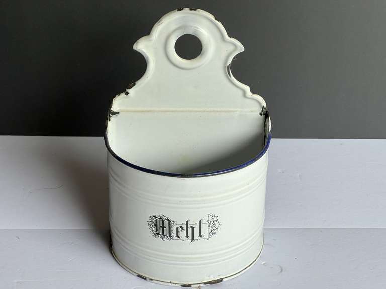 Vintage/antique enamelware wall mount flour storage container, see pictures for details. image