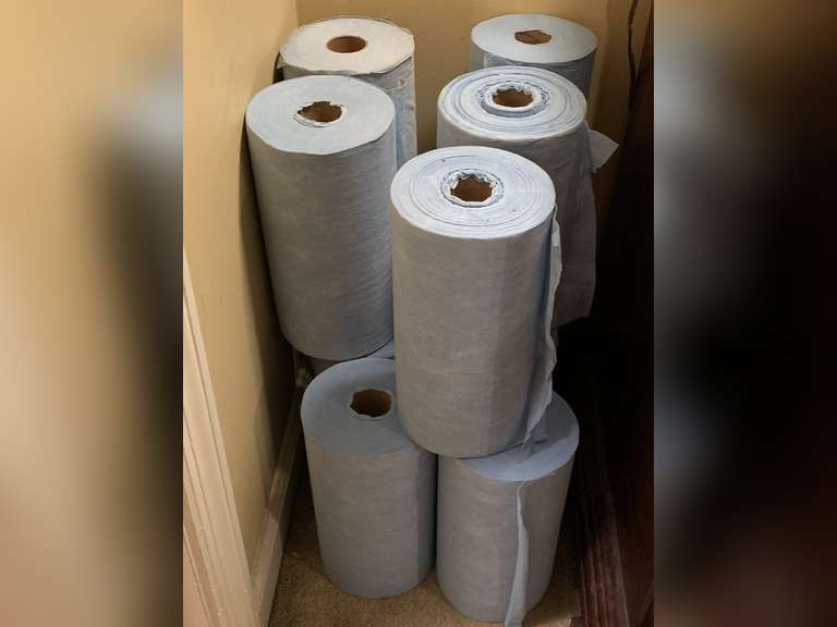 9 REGULAR ROLLS BLUE SHOP TOWELS & 1 EXTRA WIDE ROLL OF BLUE SHOP TOWELS - UP MASTER BED image