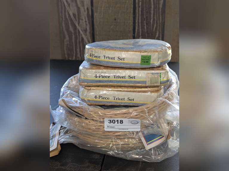 VINTAGE FACTORY SEALED WICKER TRIVET SETS AND PAPER PLATE HOLDERS image