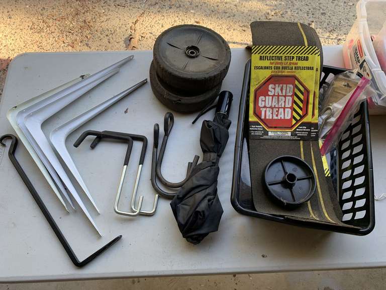 6 NEW SKID GUARD TREAD STRIPS, REPLACEMENT WHEELS, METAL HOOKS & BRACKET - GARAGE image