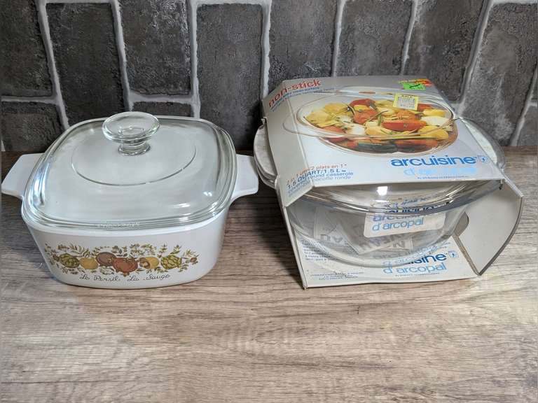 PYREX CASSEROLE AND ARCUISINE 2 QUART CASSEROLE IN ORIGINAL PACKAGE image