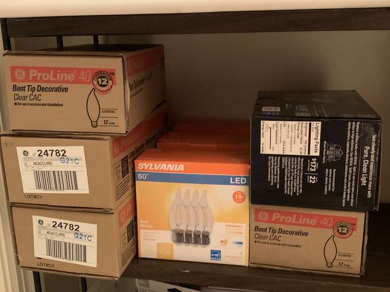 LOT OF CHANDELIER BULBS & MORE - 4 BOXES 40W SMALL BASE, 3 BOXES 60W LARGE BASE & 2 FLOOD LIGHTS - UP HALLWAY image