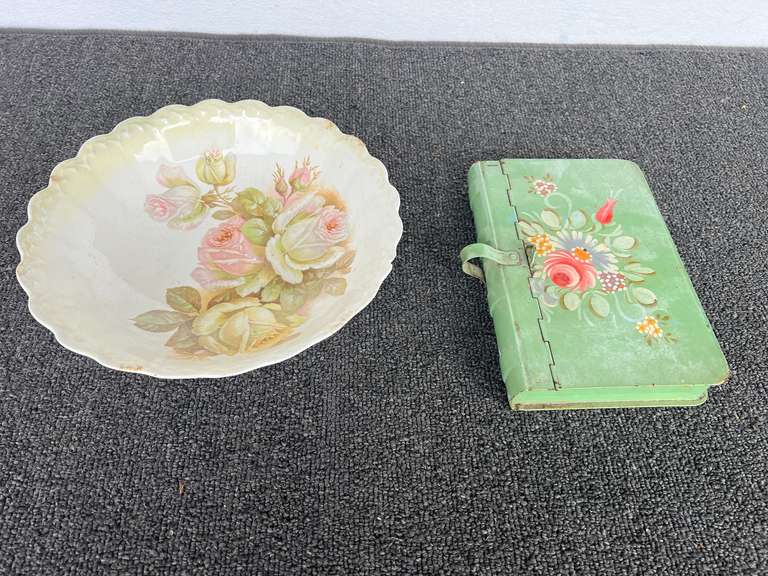 Vintage Steubenville China serving bowl, also includes a vintage tole painted crumb box/table sweep, see pictures for details. image