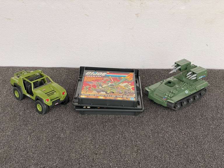 G.I. Joe toys to include tank, Jeep, and collector display case. The display case has assorted action figures, see pictures for details. image