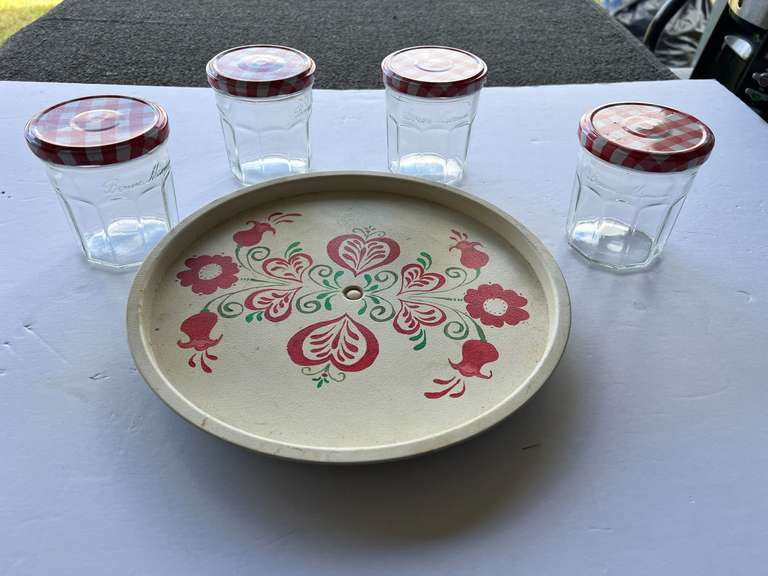 Vintage tin Lazy Susan with a floral motif, believed to be hand painted, comes with four storage jars, see pictures for details. image