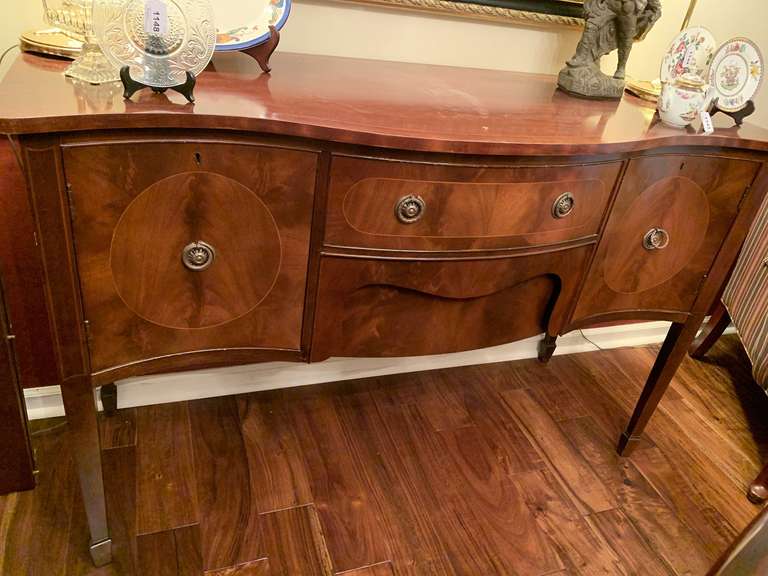 RARE ANTIQUE ENGLISH INLAID SERPENTINE SIDEBOARD/HUNT BOARD WITH INLAID FLAME MAHOGANY 56" LONG X 36" TALL X 20 1/2" DEEP (EXCELLENT CONDITION) - DOES NOT INCLUDE CONTENTS INSIDE OR ON TOP ****SPECIAL PICKUP INSTRUCTIONS - DINING ROOM image