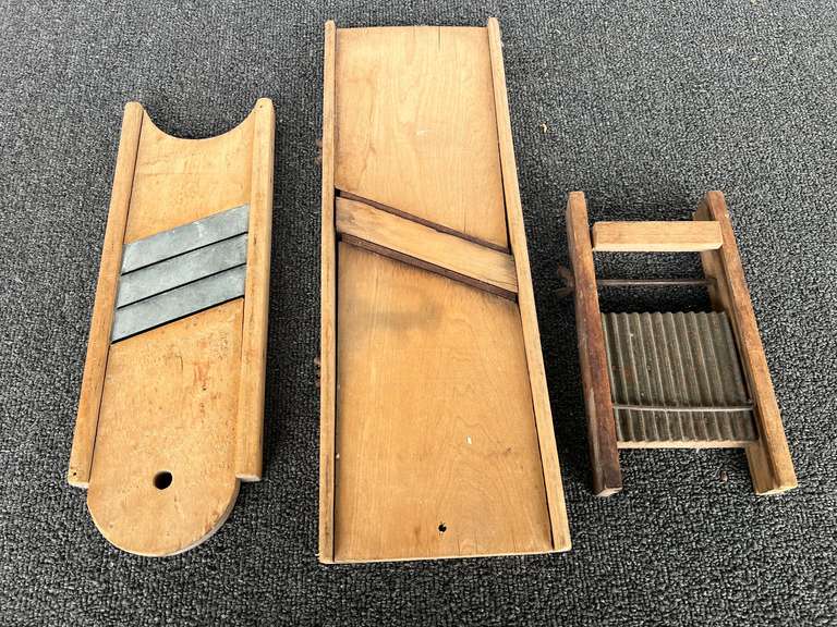 Vintage wooden mandolin slicers, set of three, please inspect, not sure if all parts are there, see pictures for details. image