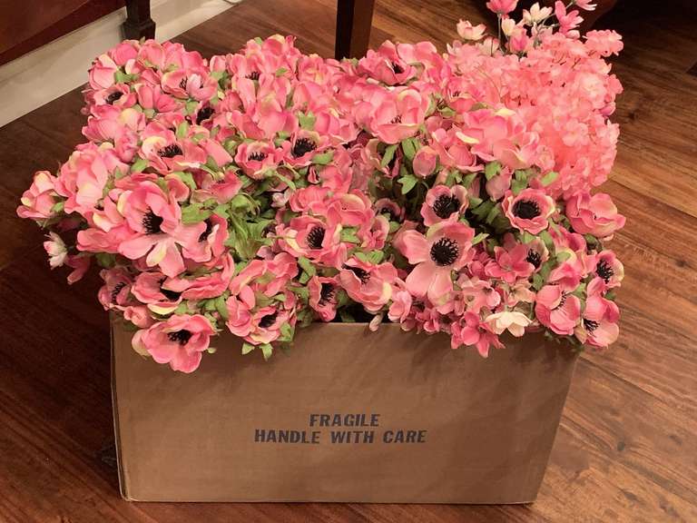 LARGE BOX OF PEACH COLORED SILK FLOWERS - DINING ROOM image