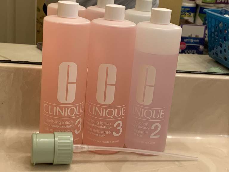2 NEW BOTTLES 16.5 FL OZ CLINIQUE #3 CLARIFYING LOTION & 1 BOTTLE #2 (3/4 FULL) CLINIQUE CLARIFYING LOTION - UP MASTER BATH image