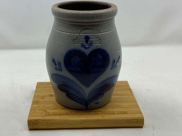 KIT…Small Rowe pottery stoneware crock, also includes a small wooden cutting board, see pictures for details. image