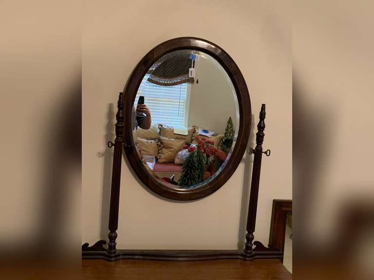 ANTIQUE OVAL BEVELED MIRROR WITH STAND 31" X 25 1/2" & NICE WOVEN BASKET WITH RED SILK TULIPS - UP BED 1 image