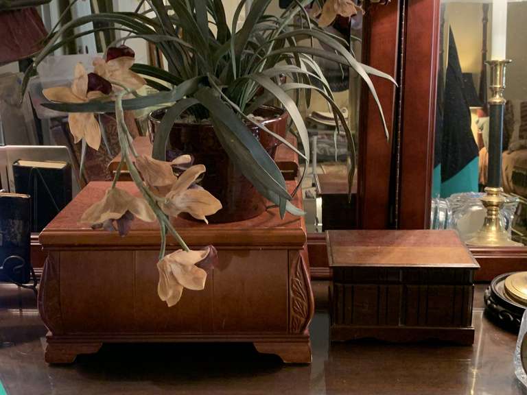 HEAVY SOLID WOOD JEWELRY BOX (LOCK MESSED UP) 15" WIDE X 9 1/2" DEEP X 7" TALL, SMALL WOODEN JEWELRY BOX 8 1/2" WIDE X 6" DEEP X 5" TALL & GLAZED TERRA COTTA POT WITH FLORAL - UP MASTER BED image