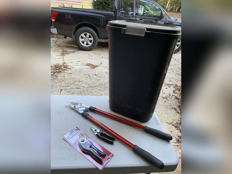 SEARS LONG HANDLE LOPPERS, NEW CRAFTSMAN PRUNERS, OTHER PRUNERS & FLIP TOP TRASH CAN - GARAGE image