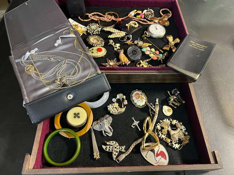 Vintage wooden jewelry box of assorted ladies fashion estate jewelry to include brooches, pocketwatch, cuff bracelet, assorted necklaces, bangle bracelets, and more. See pictures for details. image