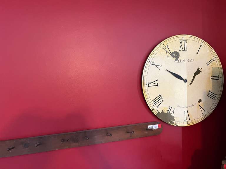 LR… Vintage wooden coat rack/hat, also comes with a distressed looking clock, one of the hands is missing, see pictures for details. image