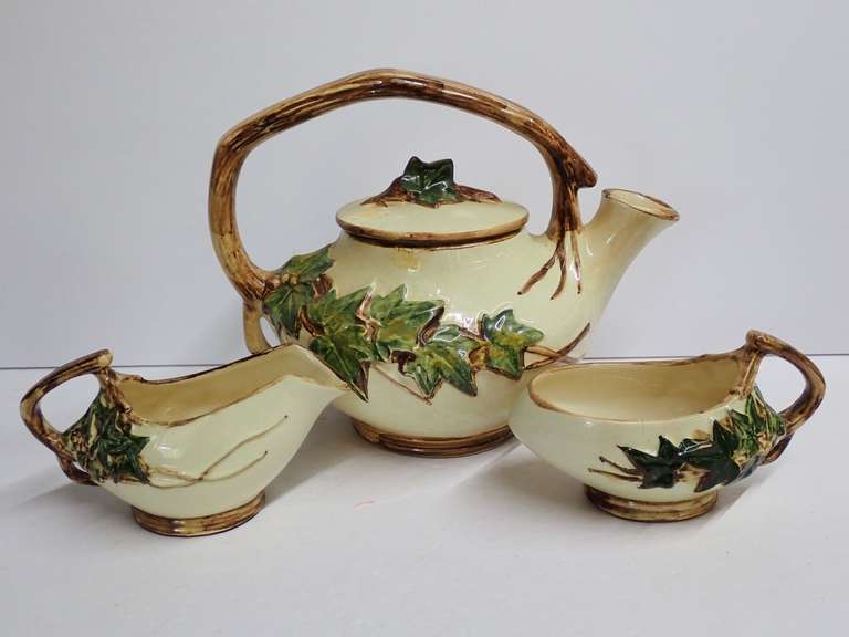 Vintage McCoy Cream and Brown Pottery Tea Set with Leaf Design image